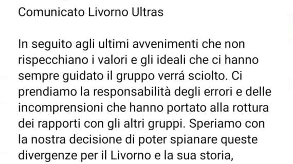 La nota di Livorno Ultra