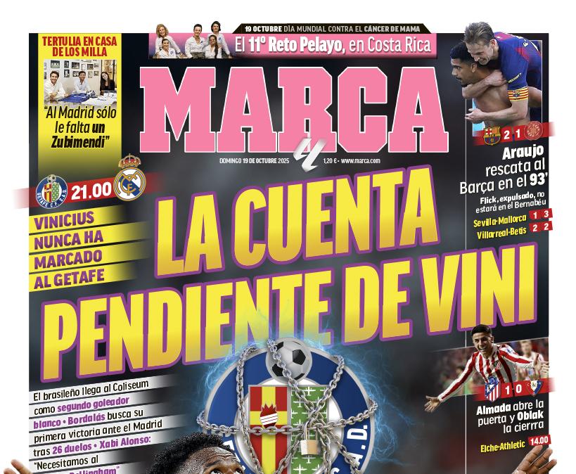 Marca destaca la "cuenta pendiente de Vinicius" en Getafe