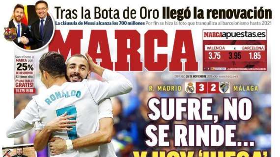 PORTADA - Marca dibuja la hoja de ruta del Madrid: "Sufre, no se rinde...y hoy 'juega' en Valencia"