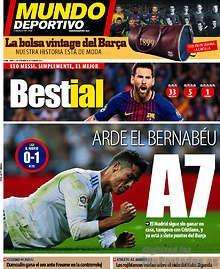 PORTADA - Mundo Deportivo con Messi arriba y Cristiano abajo: "Arde el Bernabéu y A7"
