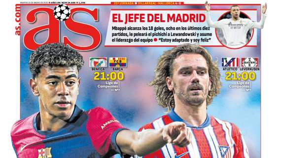 "El jefe del Madrid" y el "objetivo Champions" de Barça y Atleti, en la portada de AS