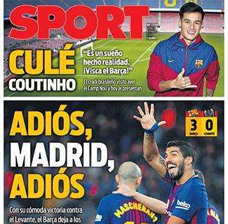 DOBLE PORTADA - SPORT: "Culé Coutinho - El Real Madrid a 16 del Barcelona"