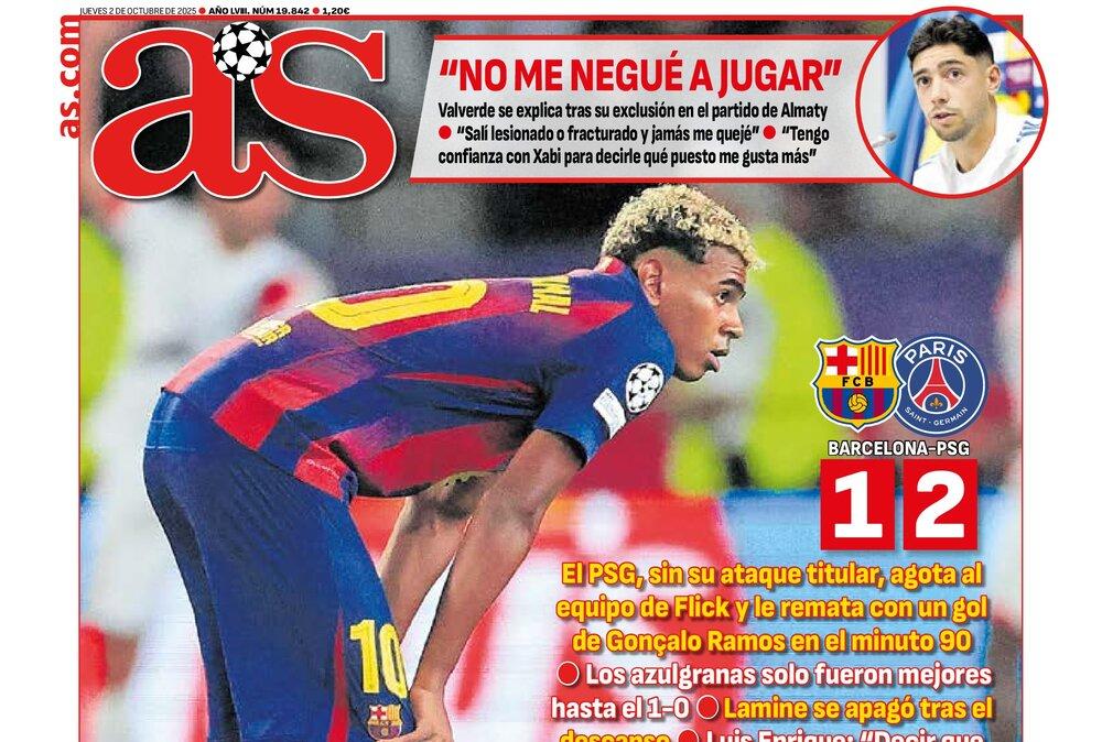 La derrota del Barcelona en Champions, en la portada de AS