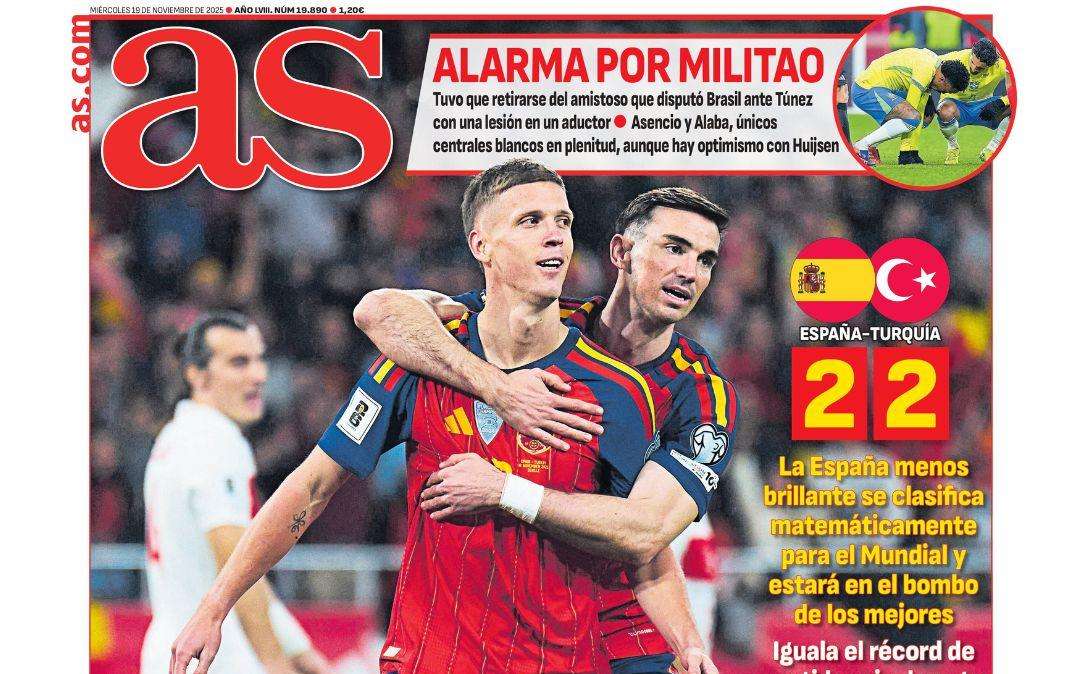 "Alarma por Militao", destaca el AS en su portada deportiva