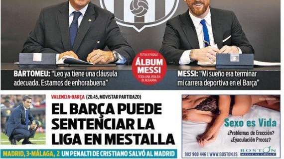 PORTADA - Sport: "El Barça puede sentenciar la Liga en Mestalla. Un penalti salvó al Madrid"