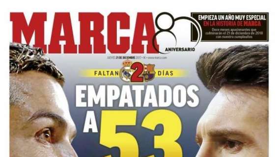 PORTADA - Marca destaca el nivel de Cristiano y Messi: "Empatados a 53 goles"