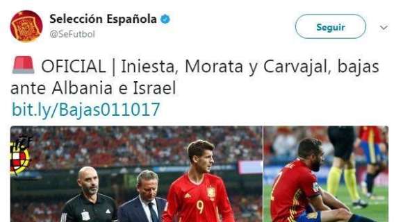 OFICIAL - Carvajal, Morata e Iniesta son bajas con la Selección