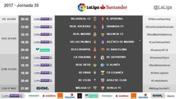 OFICIAL - Día, hora y donde ver los partidos de la jornada 35. Madrid vs Valencia y Espanyol vs Barça