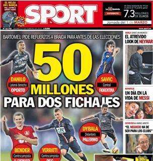 Portada SPORT: 50 millones para dos fichajes