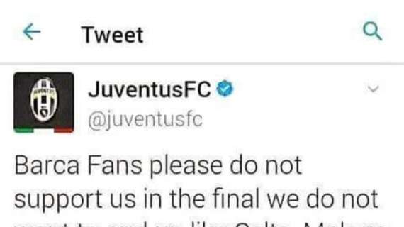 FOTO - El falso tuit de la Juventus que se hizo viral: "Fans del Barcelona, no nos apoyéis en la Final, no queremos acabar... "