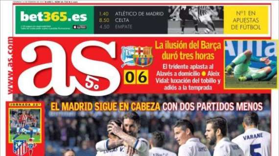 PORTADA - AS: "Casta de líder. El Madrid sigue en cabeza con dos partidos menos"