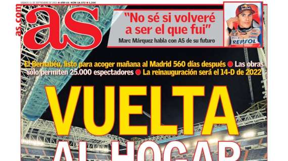 PORTADA | As:  "El Bernabéu, listo para acoger mañana al Madrid 560 días después 