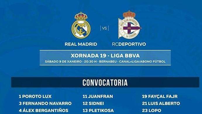 Pletikosa entra en la convocatoria del Deportivo para el partido en el Bernabéu