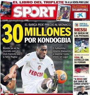 Portada SPORT: 30 millones por Kondogbia