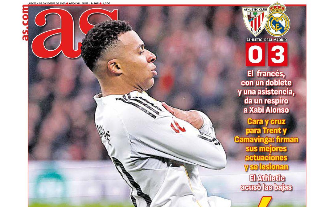 La victoria del Real Madrid en Bilbao, en primera plana del diario As