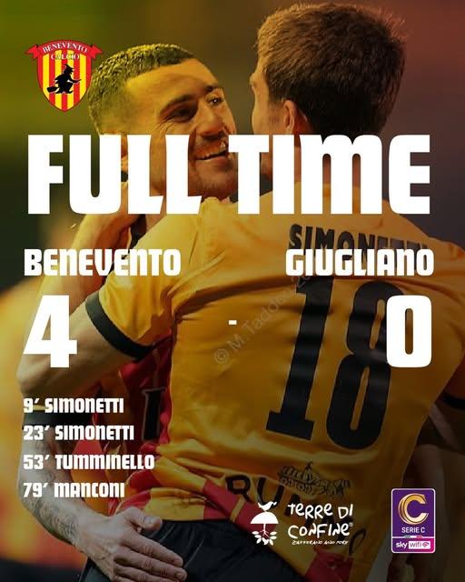 Benevento-Giugliano 4-0: la Strega vince e aggancia il Catania in vetta