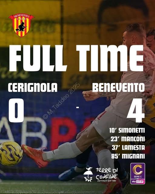 Cerignola travolto dal Benevento: poker giallorosso al Monterisi