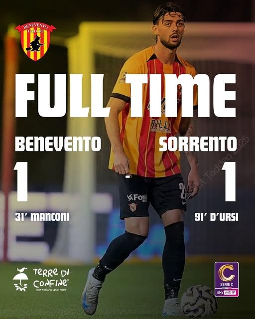 Benevento-Sorrento: 1-1. D’Ursi in pieno recupera pareggia Manconi