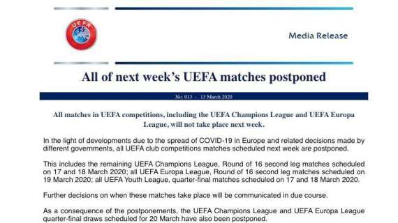 Emergenza Coronavirus Stop a Champions ed Europa League: il comunicato UEFA
