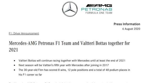 F1 / Mercedes, ufficiale: Bottas rinnova anche per il 2021