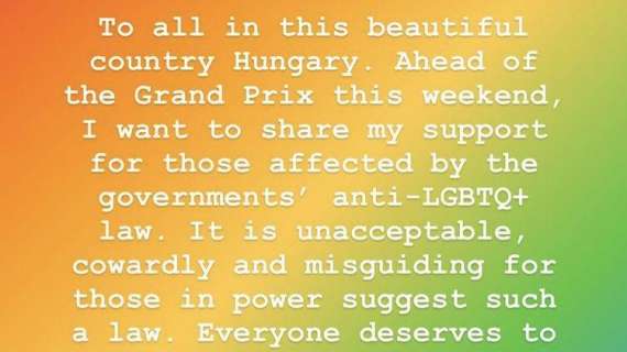 Formula 1 | Hamilton, appello per i diritti LGBTQ+ al popolo dell'Ungheria di Orban