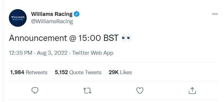 Formula 1 | Williams, annuncio alle ore 15: il messaggio misterioso