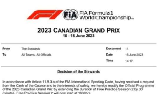 F1 | UFFICIALE, cambiano le FP2 del Canada dopo lo "stop" alle FP1
