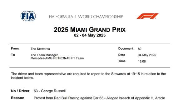 F1 | Russell convocato: protesta Red Bull, rischio penalità a Miami