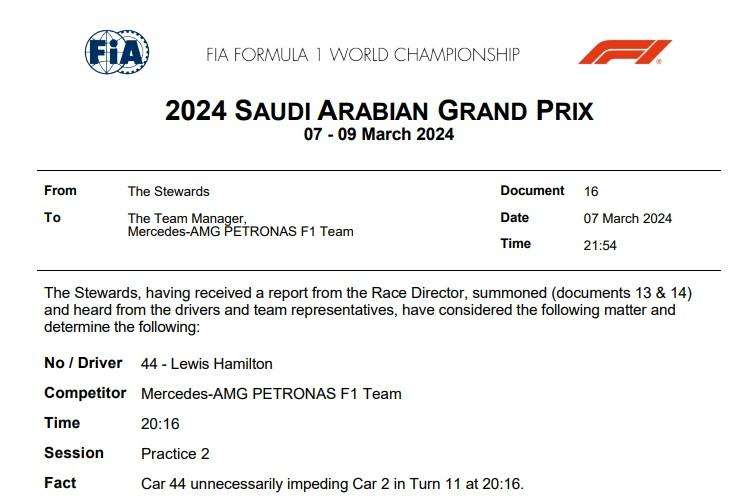 F1 | UFFICIALE - Impeding Hamilton su Sargeant, Mercedes multata