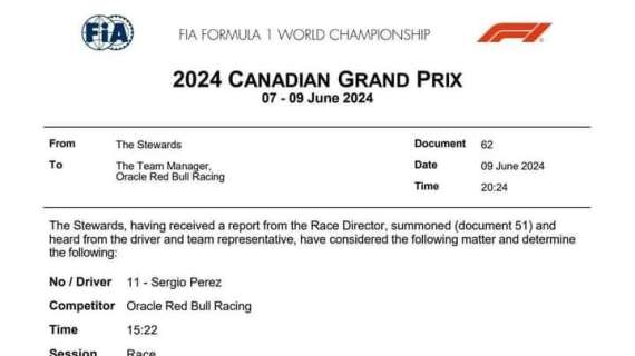 F1 | Penalità per Perez e multa alla Red Bull dopo il GP del Canada