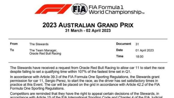 F1 | UFFICIALE, Perez ammesso alla gara di domani: autorizzazione speciale