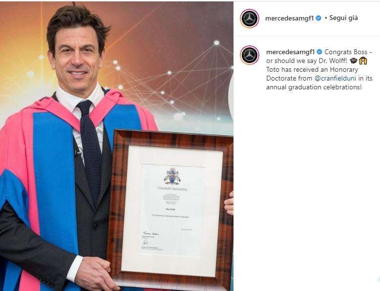Formula 1 | Mercedes, ecco il Dottor Wolff: per lui laurea ad honorem