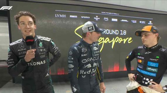 F1, Singapore, i primi 3 insieme! Russell carico, siparietto Verstappen-Piastri