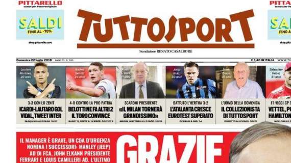 Prima pagina TS - Icardi-Lautaro gol. Vidal, tweet Inter