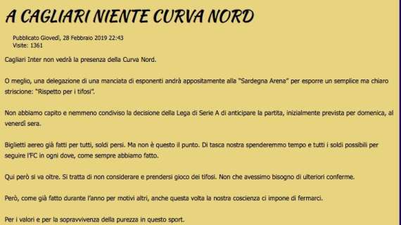 Cagliari-Inter, Curva Nord assente: "La nostra coscienza ci impone di fermarci. Rispetto per i tifosi"