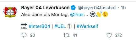 Europa League, il Bayer Leverkusen ricorda l'appuntamento all'Inter con un tweet: "Ci vediamo lunedì"