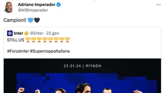 La Supercoppa è ancora dell'Inter. Adriano esulta con tanto di cuori nerazzurri: "Campioni"