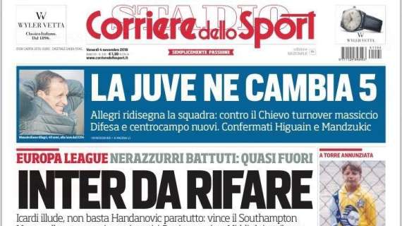 Prima pagina CdS - Inter da rifare, quasi fuori dall'Europa. Oggi arrivano i vertici di Suning