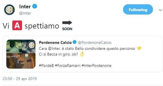 L'Inter risponde al Pordenone: "Vi A-spettiamo"