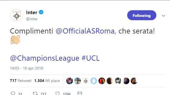 Champions League, l'Inter omaggia la Roma: "Complimenti, che serata!"
