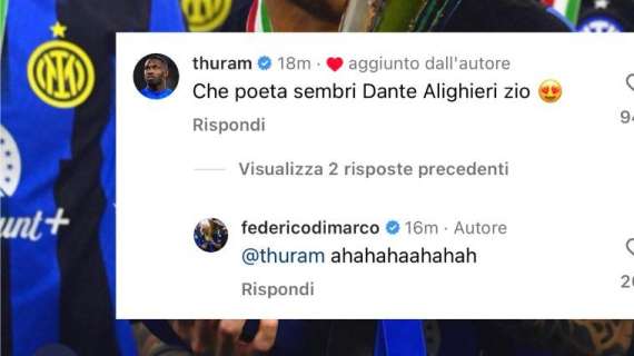 Dimarco, la romantica dedica all'Inter porta allo sfottò di Thuram:  "Che poeta, sembri Dante Alighieri zio"