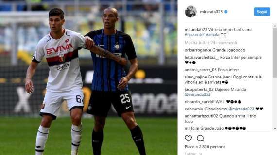 Inter-Genoa 1-0, esulta anche Joao Miranda: "Una vittoria importantissima"