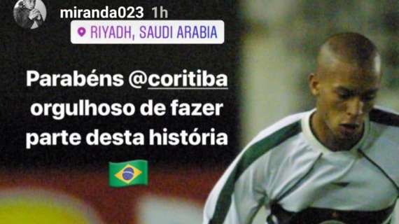 Miranda, gli auguri social per il 109esimo compleanno del Coritiba: "Orgolioso di far parte di questa storia"