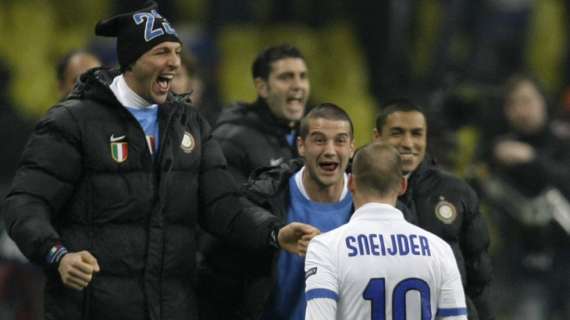 Sneijder festeggia il gol dell&#039;1-0 sul Cska, nell&#039;aprile 2010