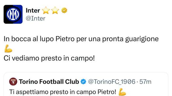 Rottura del crociato per Pellegri, gli auguri dell'Inter: "In bocca al lupo Pietro, torna presto"