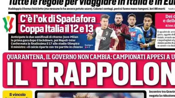 Prima CdS - C'è l’ok di Spadafora: Coppa Italia il 12 e il 13 giugno. Prima Juve-Milan, poi Napoli-Inter