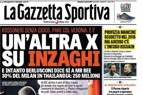 Prime pagine - Mancini: "Scudetto nel 2016". Icardi anti Higuain. Raiola: "Thohir, l'Inter per fare speculazione"