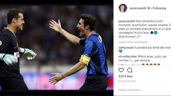 Anche Zanetti saluta Julio Cesar: "Non dimentico tutti i momenti insieme. Sei stato un portiere straordinario"