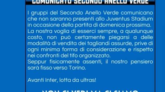 L'annuncio del Secondo Anello Verde: "Non saremo presenti allo Stadium per Juventus-Inter". Il comunicato  