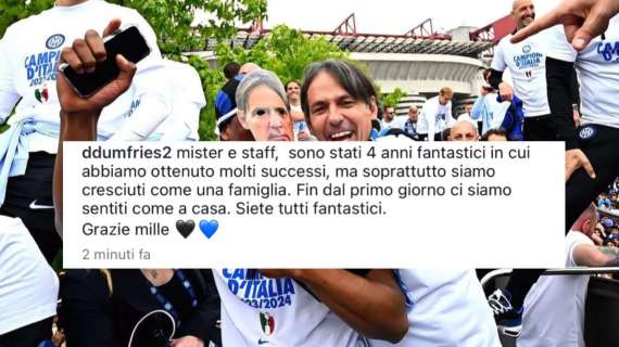 Dumfries saluta Inzaghi e il suo staff: "Cresciuti come una famiglia, ci siamo sentiti a casa. Siete fantastici"